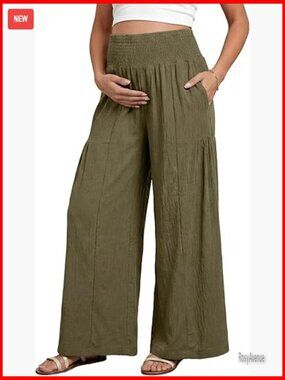Maternity Smocked Waist Palazzo Pants Wide Leg Casual Trousers